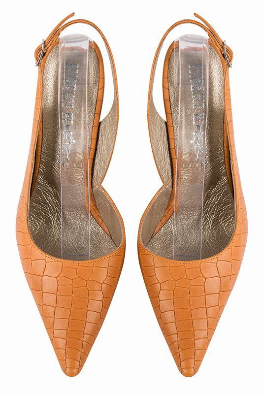 Marigold orange women's slingback shoes. Pointed toe. Very high slim heel. Top view - Florence KOOIJMAN